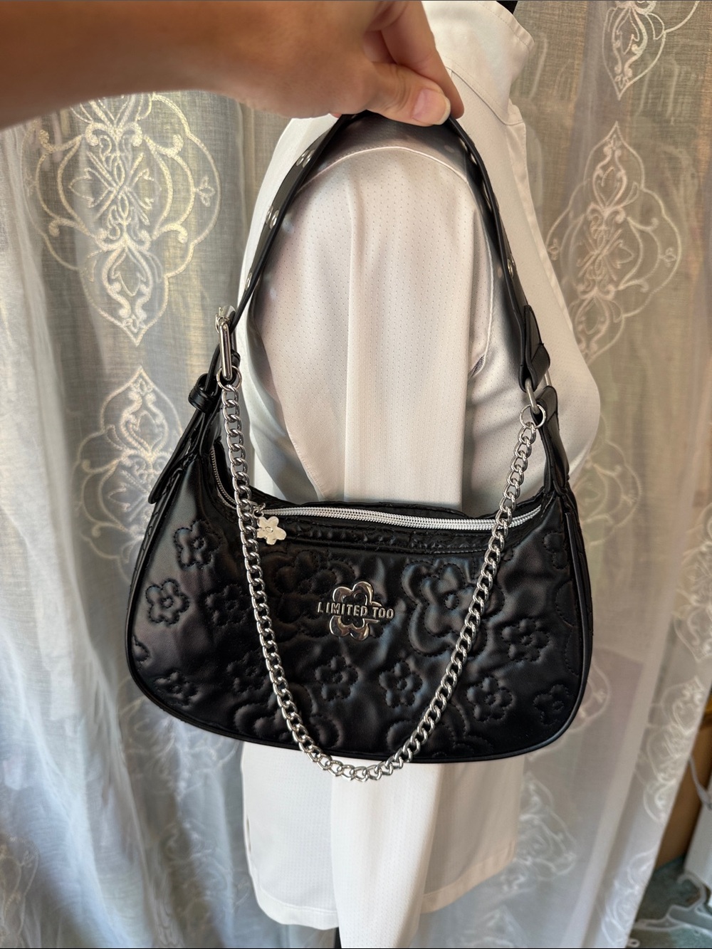 Y2K Limited Too Black Quilted Floral Shoulder Bag with Silver Chain
